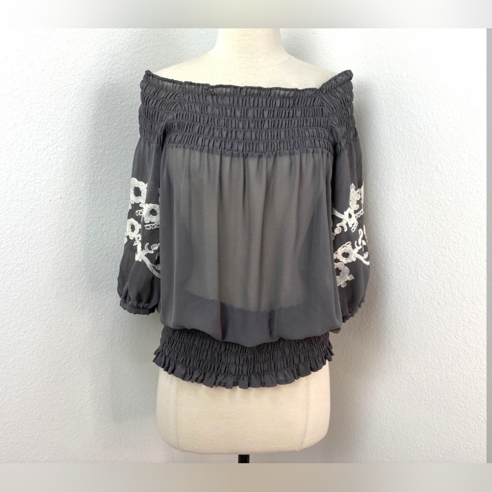 Chic Gray Smocked Blouse with Embroidered Sleeves